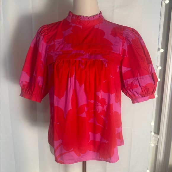 Sugarlips Floral Puff Sleeve High Neck Blouse Red Pink Size Small - Picture 1 of 8